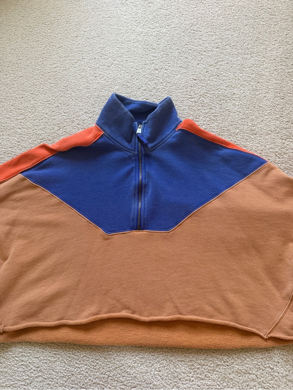 Free People Blue, Orange, and Tan Colorblock Half-Zip Sweater